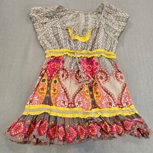 Boho Paisley Floral Ruffle Tunic Top Pink Yellow Grey Cap Sleeve Y2K